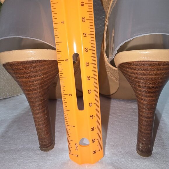 NINE WEST WOMENS PEEP TOE HEEL CAMEL COLOR LEATHER SIZE 7.5 EXCELLENT CONDITION - Picture 4 of 9